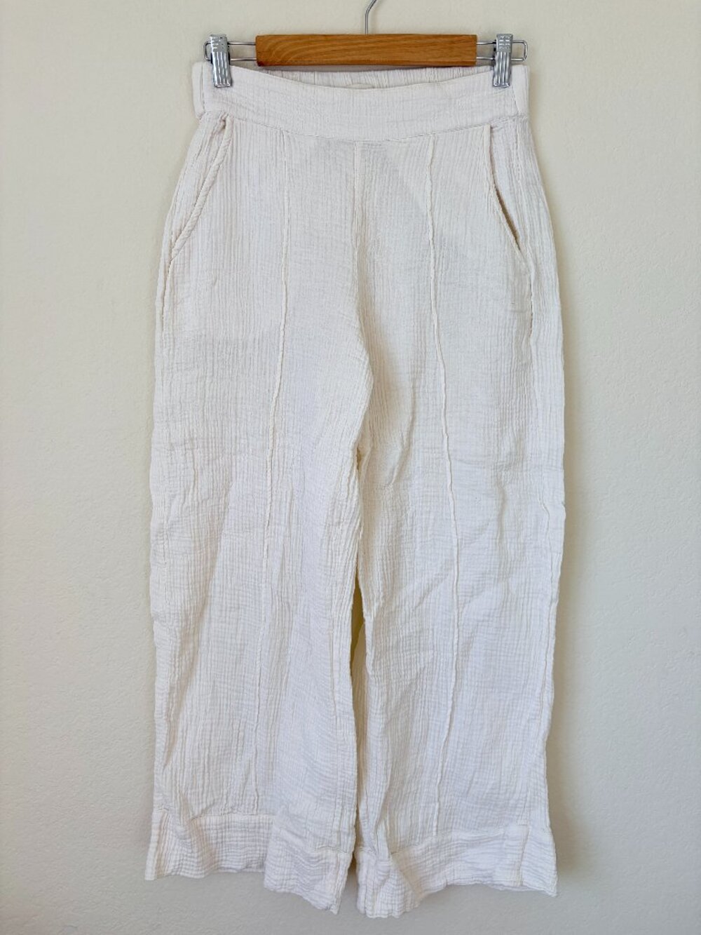 UpWest Pants Womens XS Ivory White Cotton Gauze Wide Leg Coastal Pull On Boho